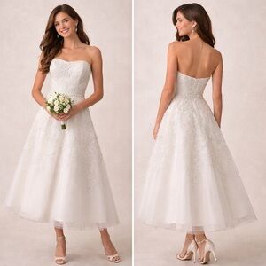 Oleg Cassini Strapless White Lace Wedding Dress